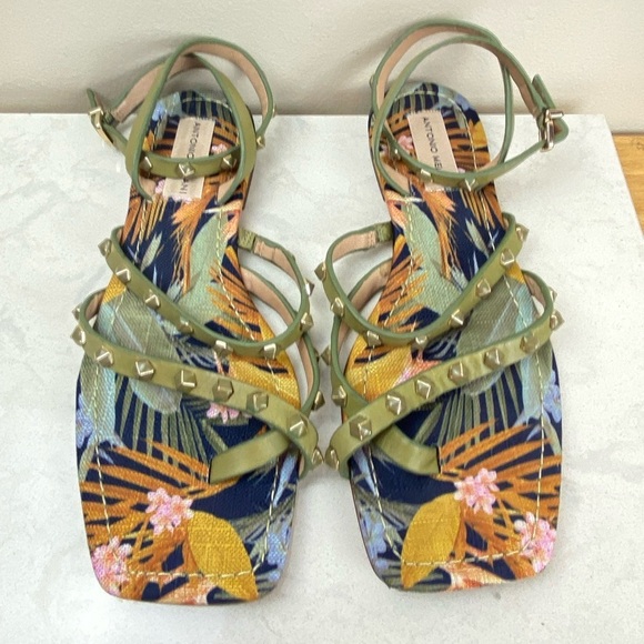 ANTONIO MELANI STAPPY STUDDED LEATHER TROPICAL GLADIATOR SANDALS - Picture 9 of 9